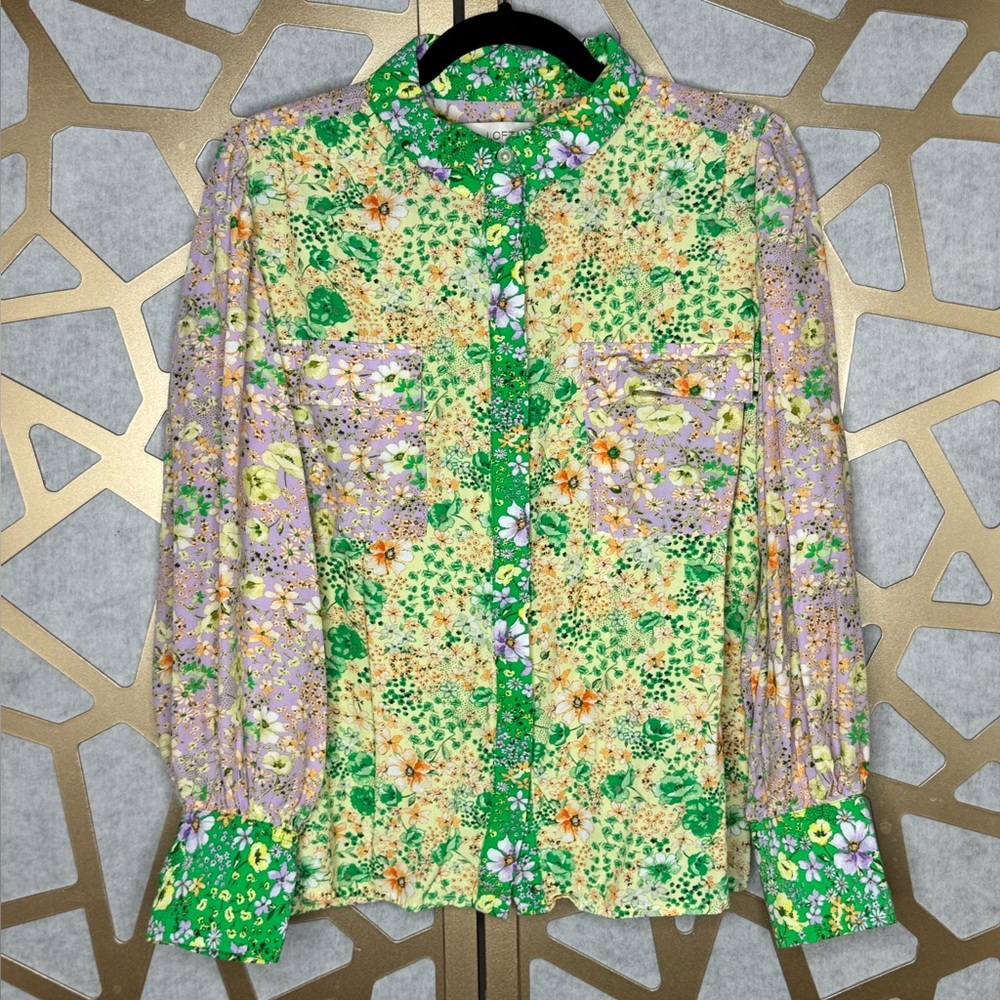 Loft Floral Patchwork Button-Up Blouse Green Purp… - image 2